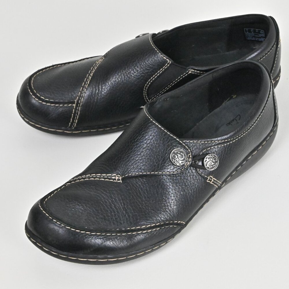 Clarks Collection Leather Button Slip On Button Comfort Black Loafers US9.5 UK7
